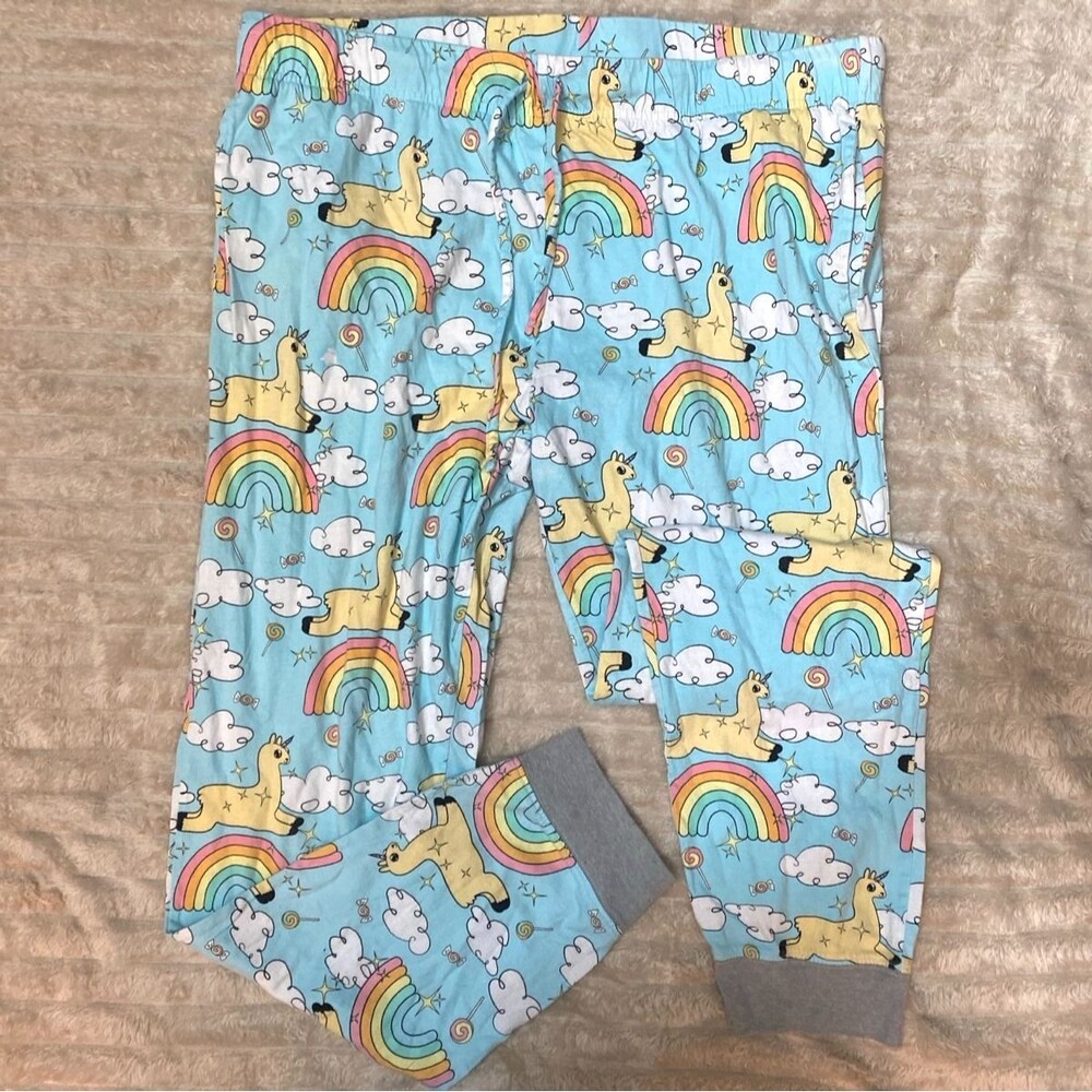 Mad Engine Size XL Llama Rainbow Pajama Pants Sky Blue Cotton Sleepwear